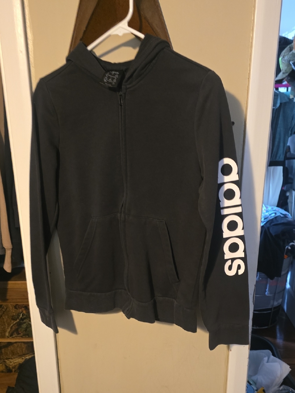 adidas Black Full-Zip Hoodie with White Sleeve Logo Like New Med